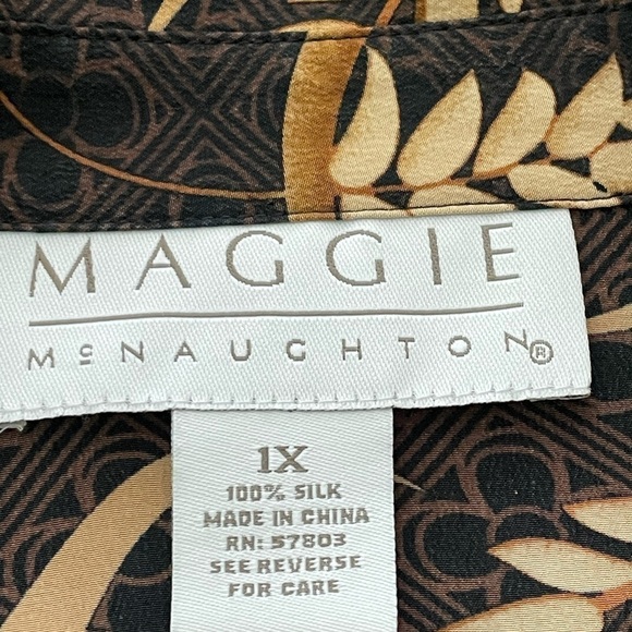 Maggie McNoughton women’s 100% silk long sleeve button front Brawn& tan blouse - Picture 3 of 3